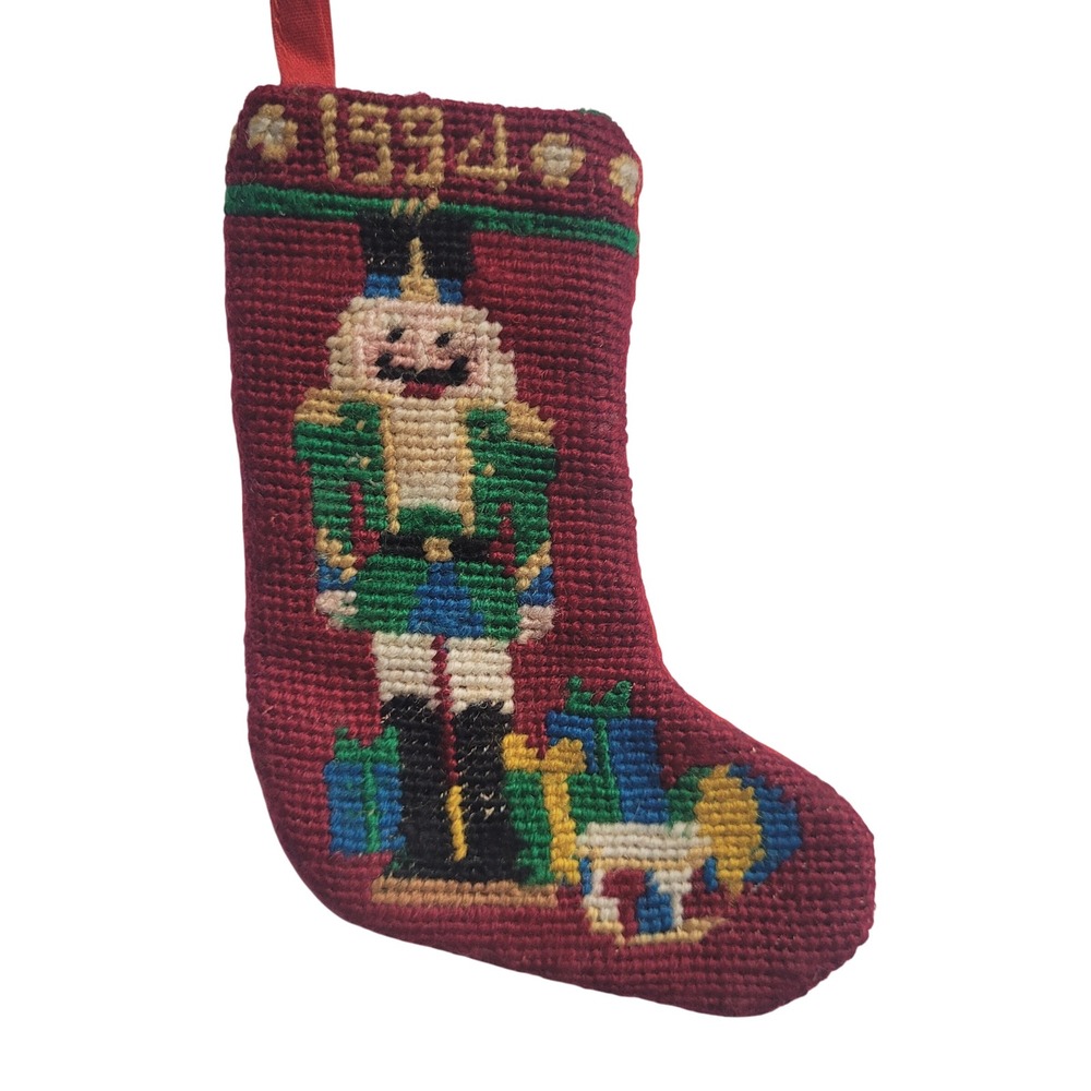 1994 Needlepoint Nutcracker Christmas Stocking Ornament‎ Red